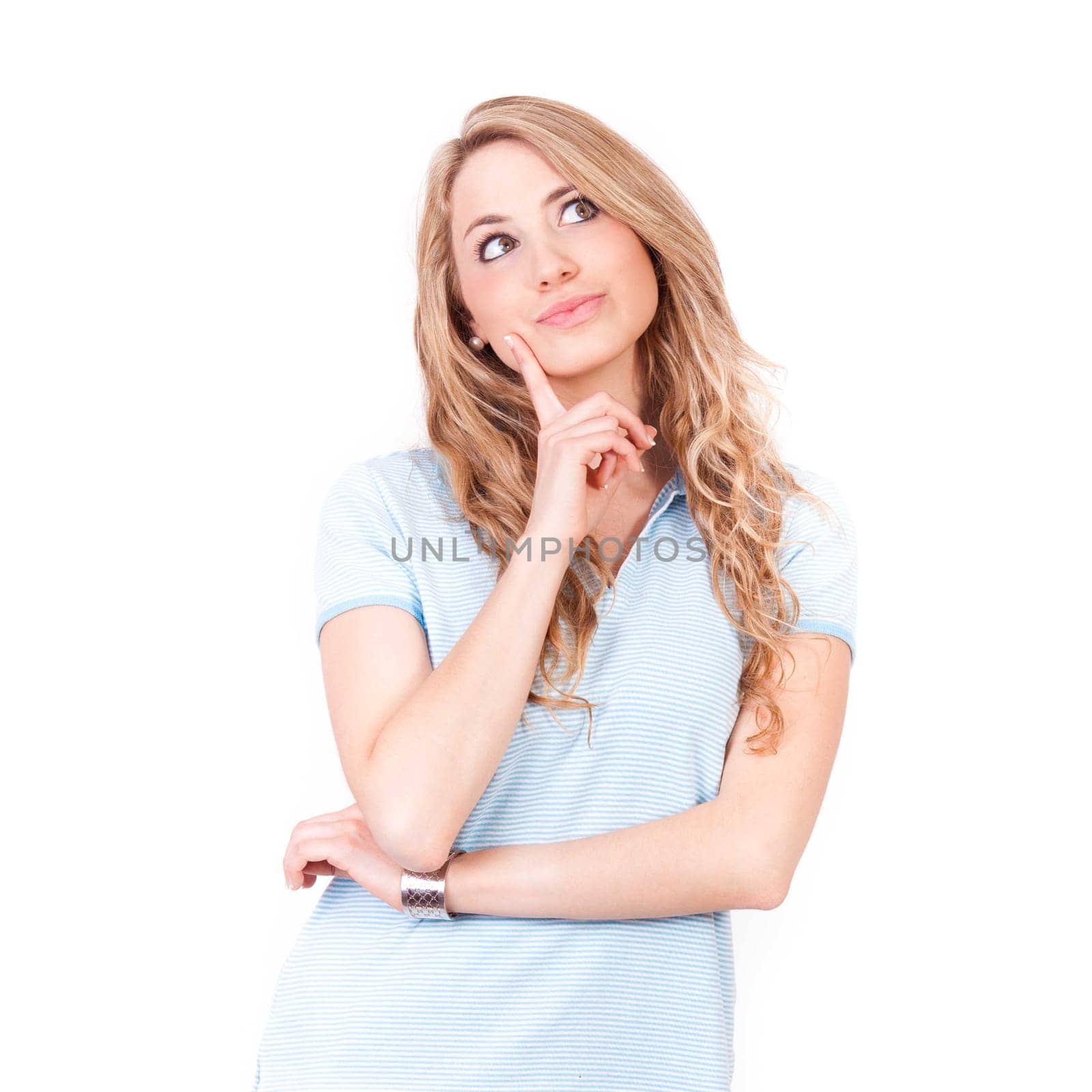 young beautiful woman have an idea isolated on white background