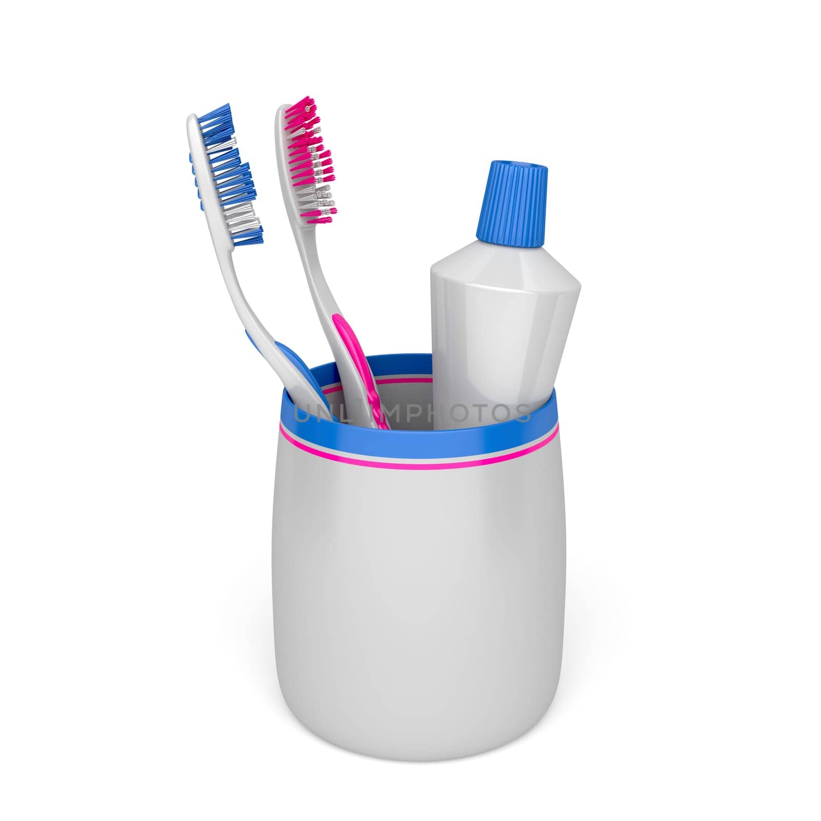 Toothbrushes and toothpaste on white background