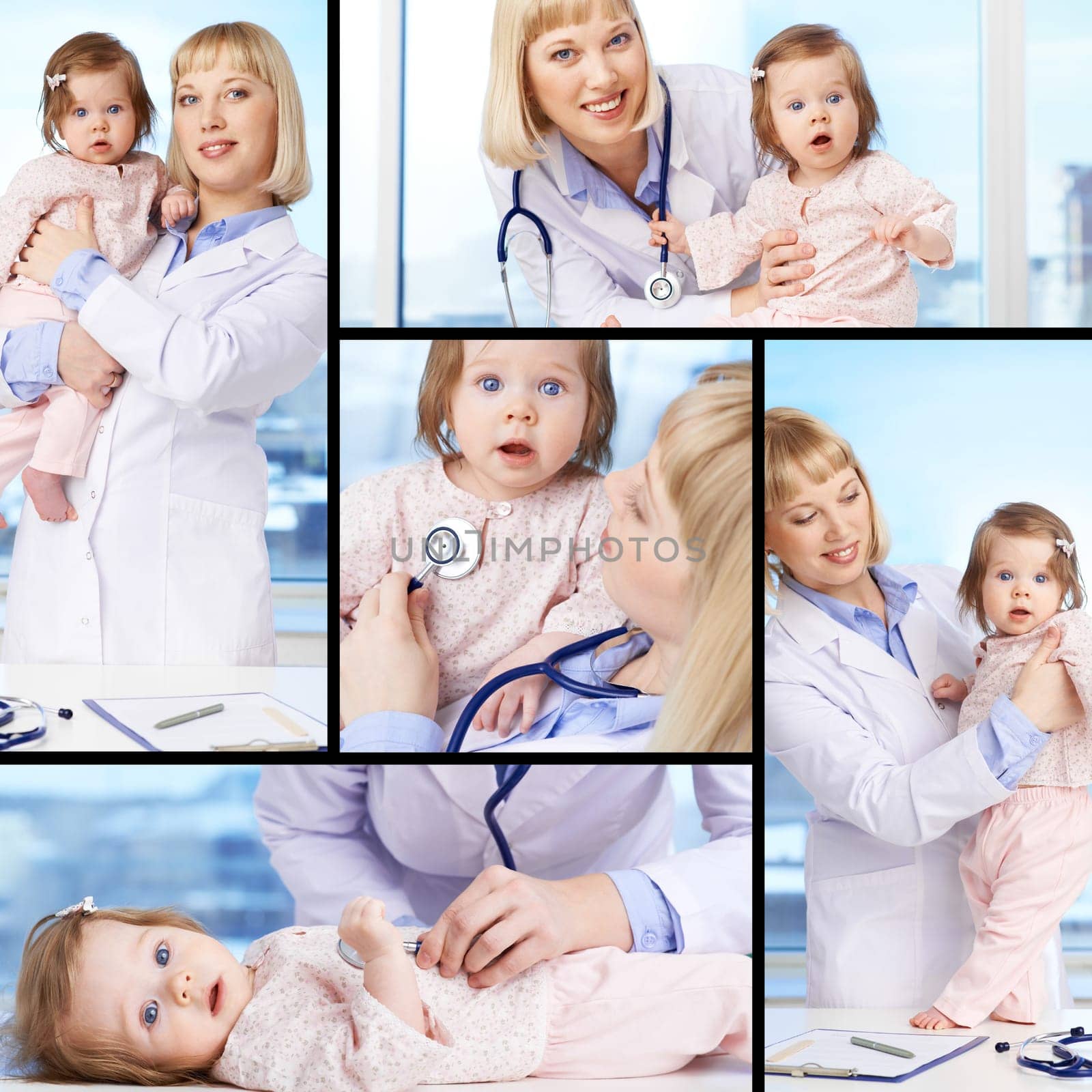 Collage of a lovely pediatrician and baby patient
