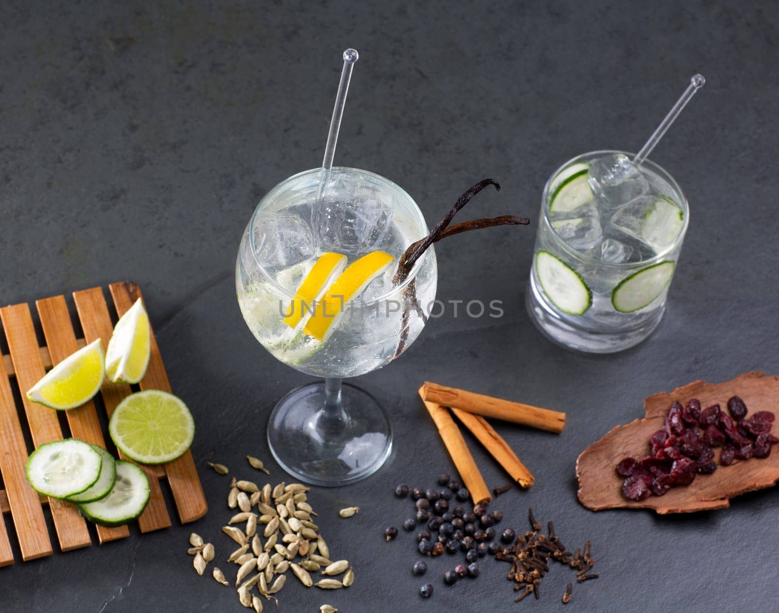 Gin tonic cocktail with lima cucumber vanilla cloves cardamom cinnamon and juniper berries