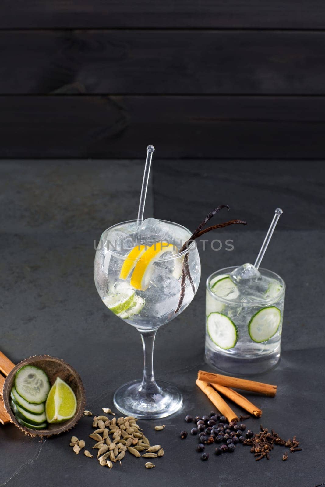Gin tonic cocktail with lima cucumber vanilla cloves cardamom cinnamon and juniper berries
