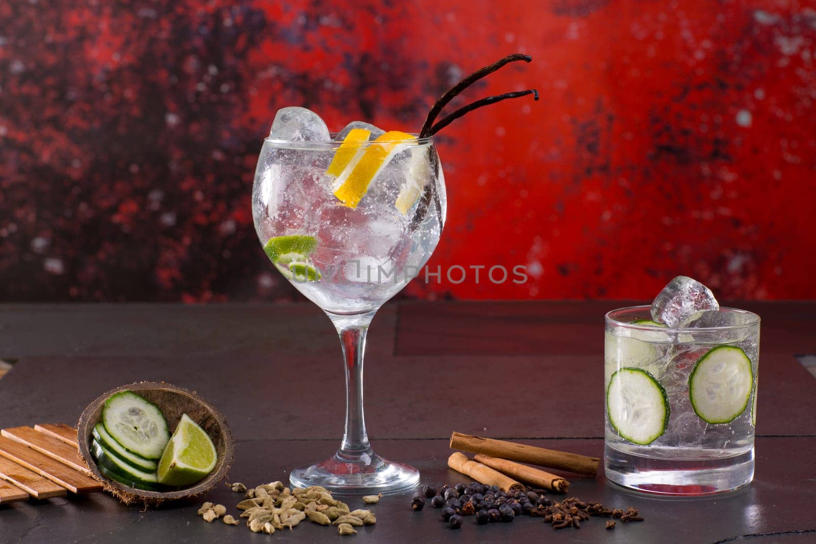 Gin tonic cocktail with spices lima cucumber vanilla cloves cardamom cinnamon and juniper berries in red