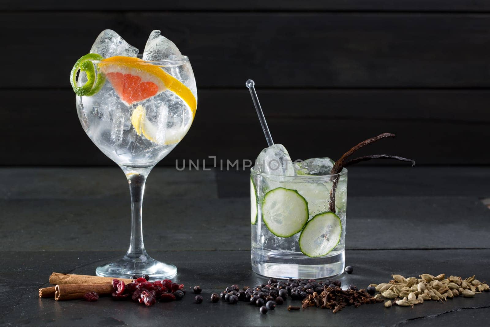 Gin tonic varied cocktails with lima cucumber and grapefruit and spices