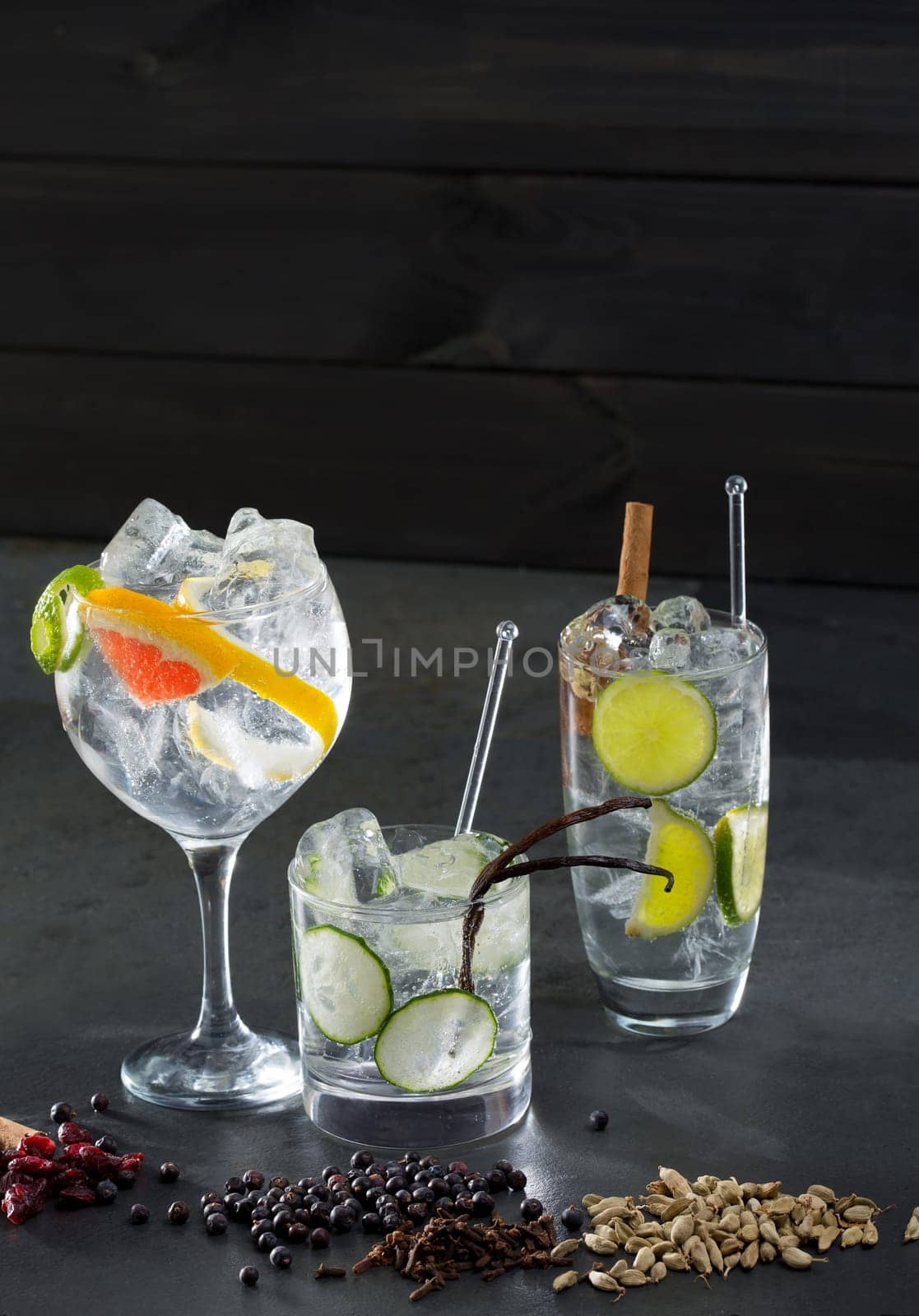 Gin tonic varied cocktails with lima cucumber and grapefruit and spices