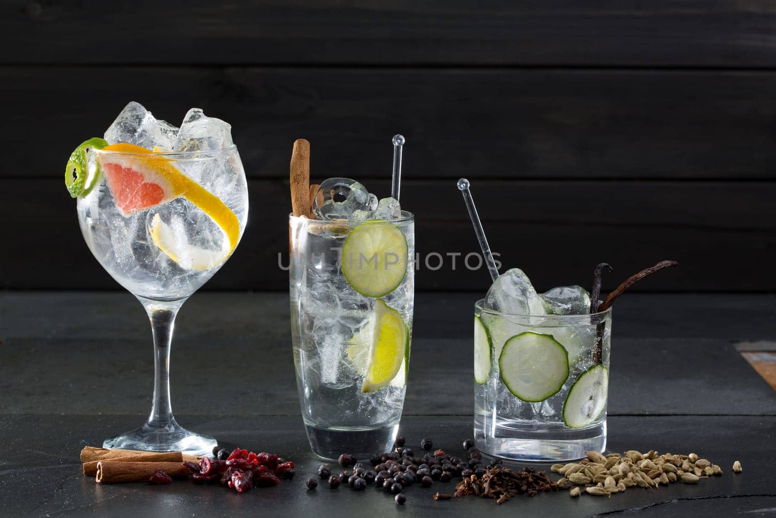 Gin tonic varied cocktails with lima cucumber and grapefruit and spices