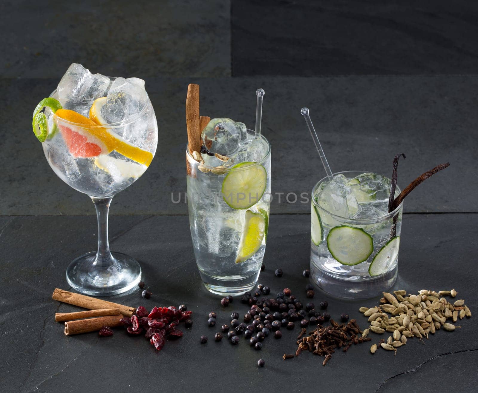 Gin tonic varied cocktails with lima cucumber and grapefruit and spices