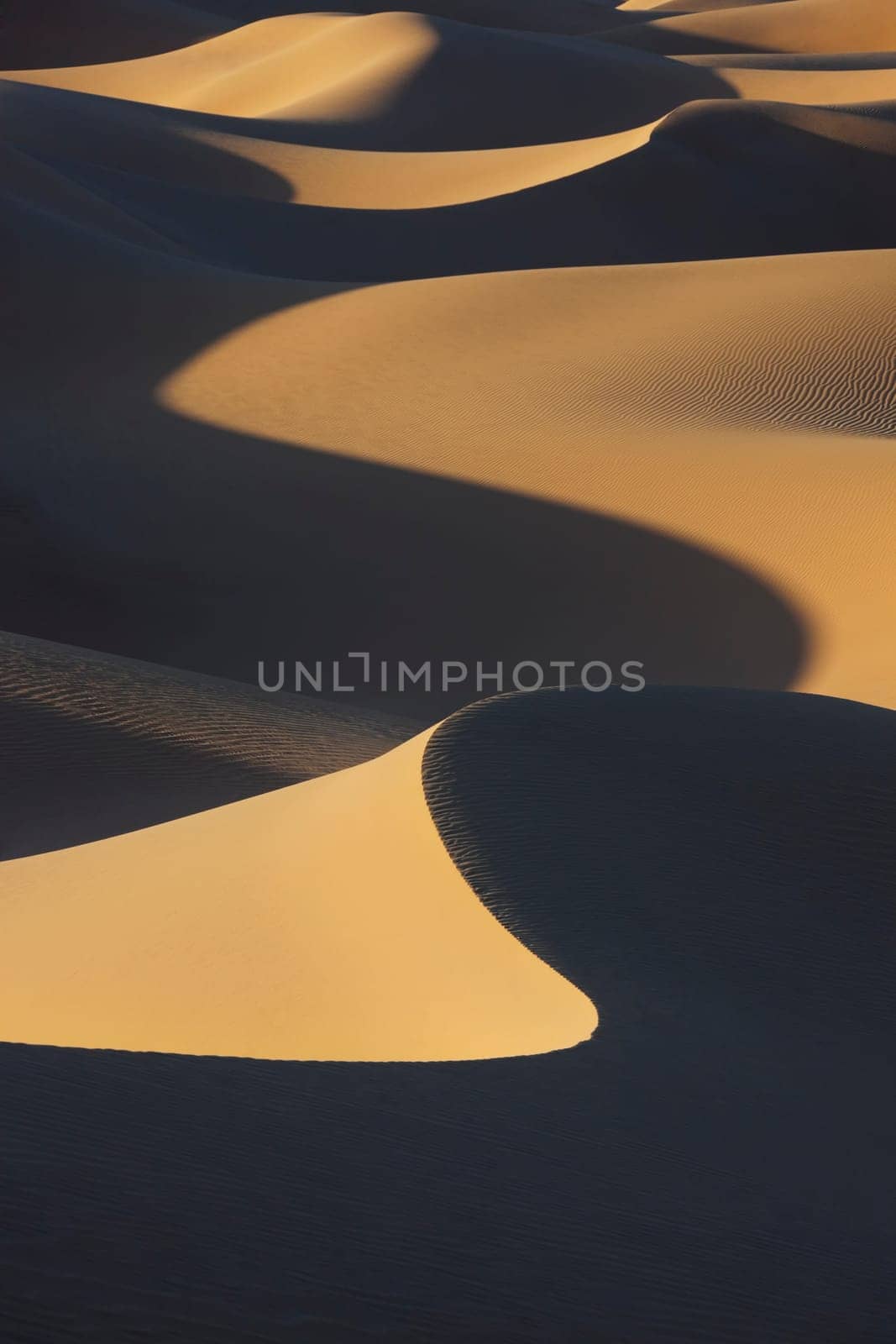 Sahara desert sand dunes with dark shadows at Erg Lihoudi, M'hamid, Morocco.