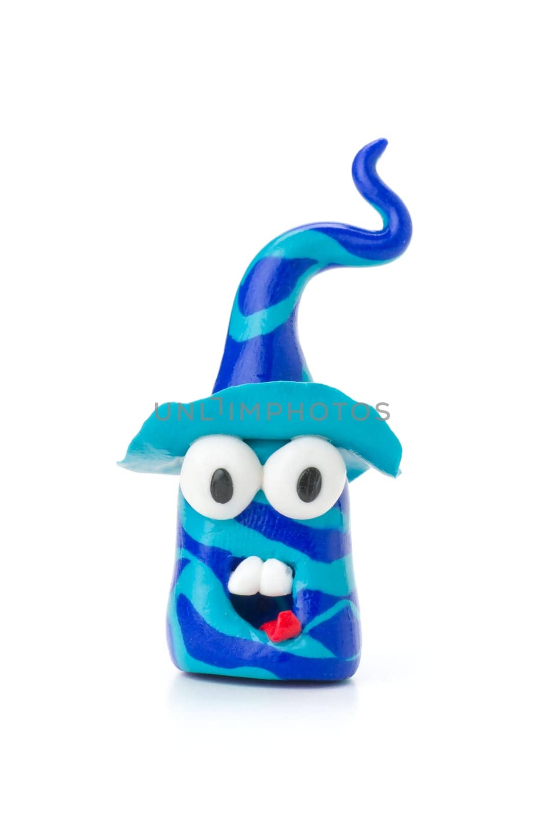 Handmade clay figure with blue stripes