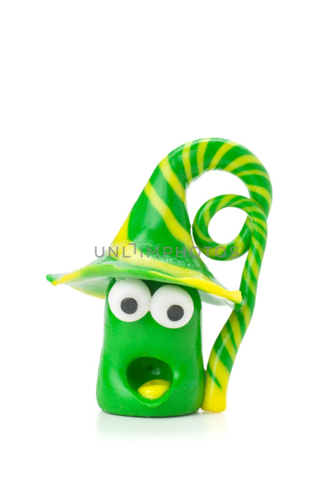 Handmade clay figure with yellow-green stripes