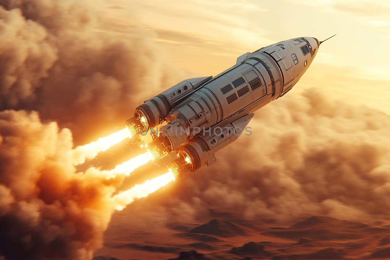 A space shuttle with a US flag takes off from the surface of the red planet.