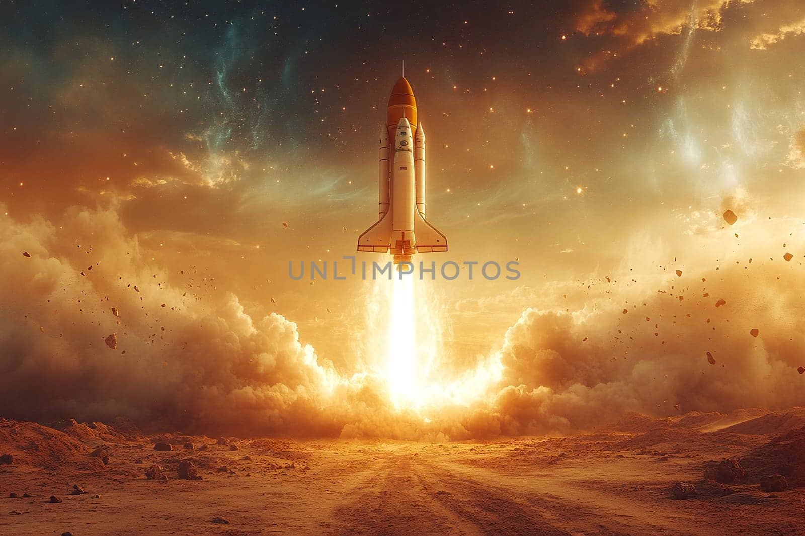 Spaceship takes off into space from the surface of the red planet. Fantastic view of a rocket on the planet Mars