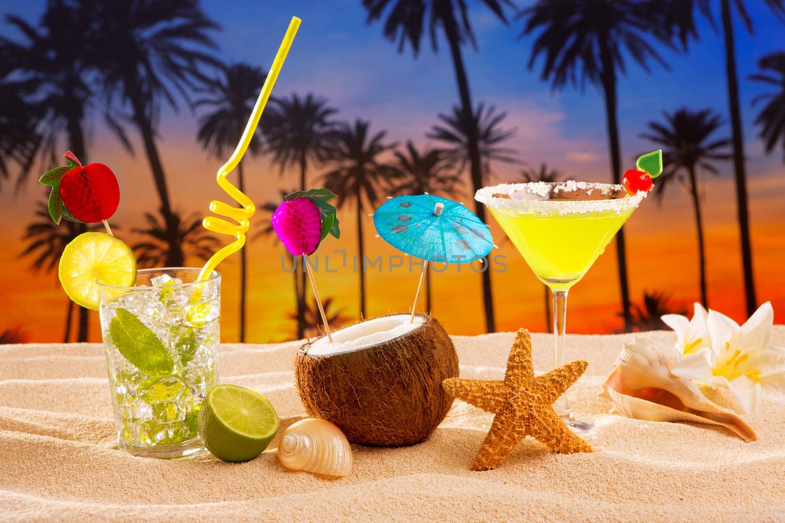 beach cocktail sunset on palm tree sand mojito margarita coconut