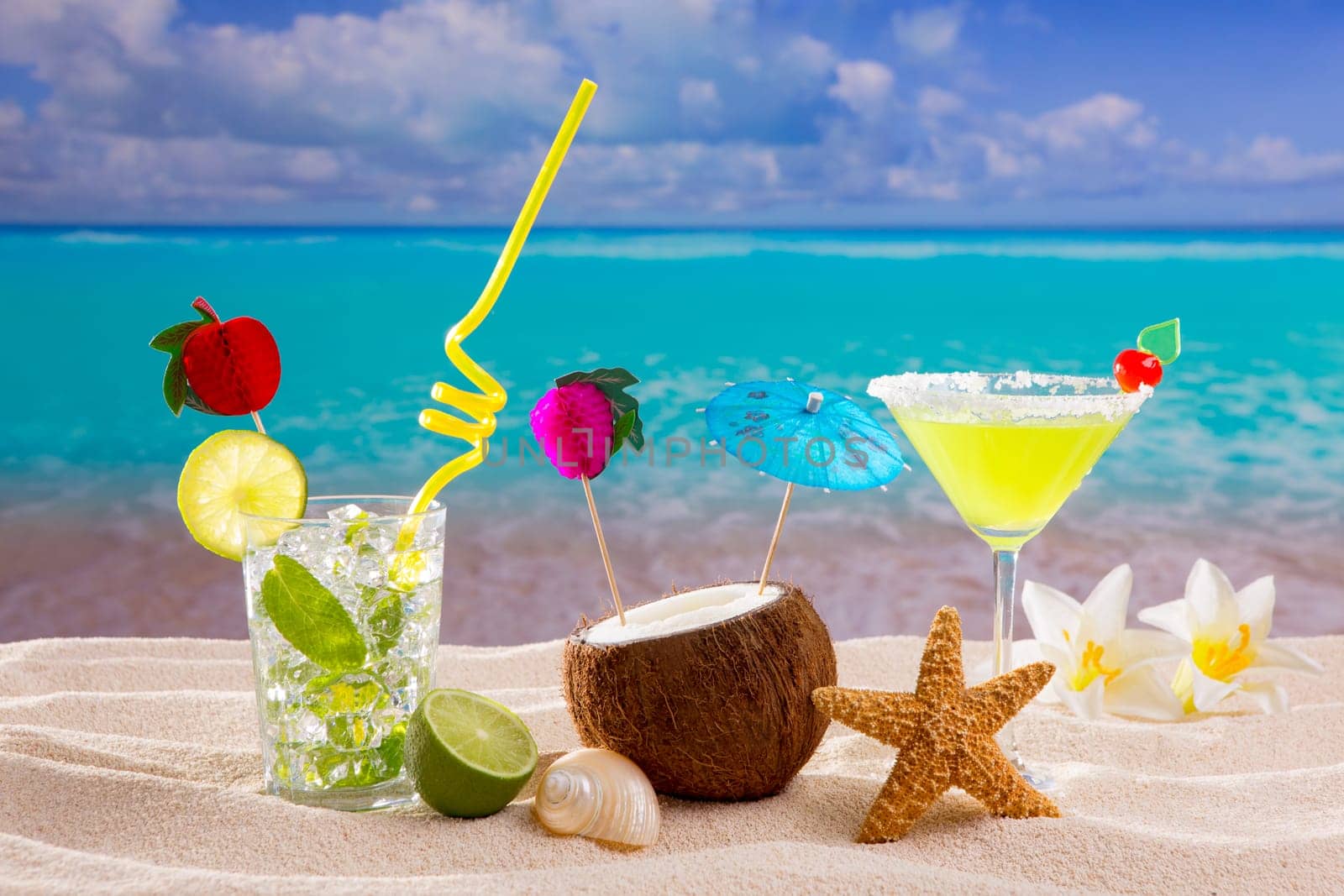 Caribbean tropical sand beach cocktails mojito margarita