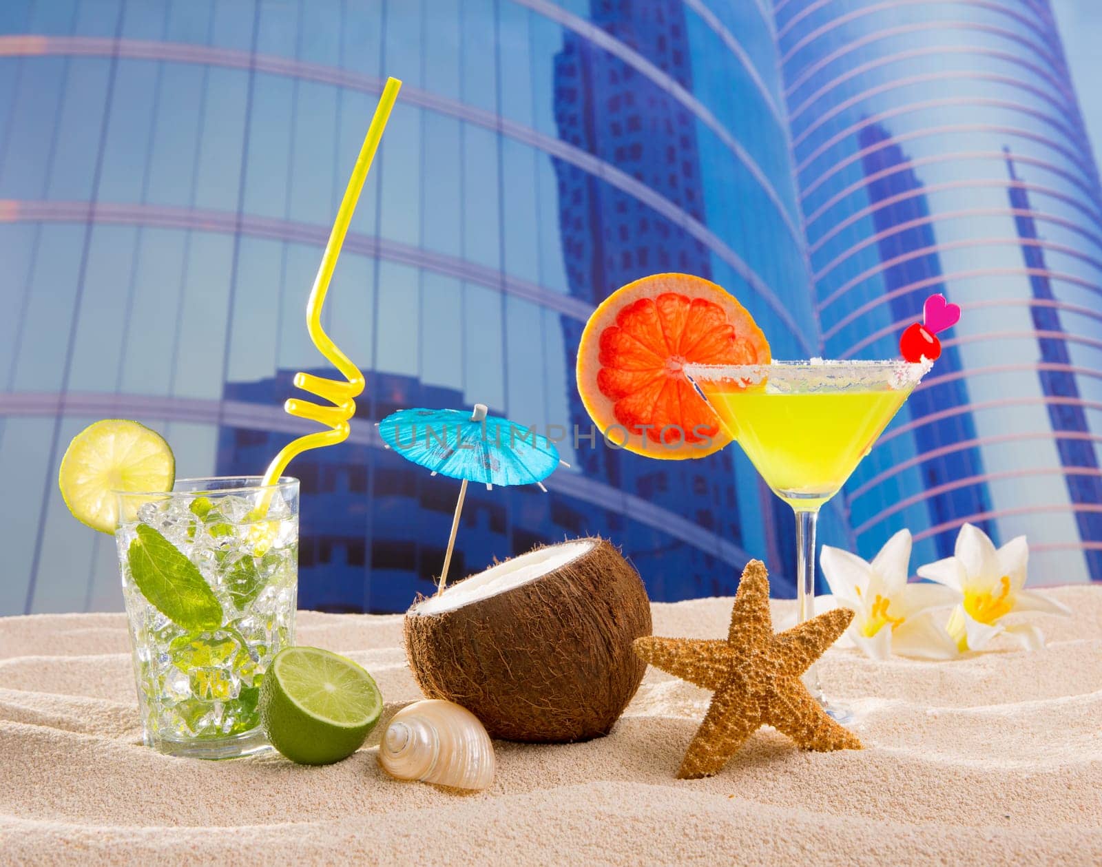 cocktails mojito margarita in urban city buildings cityscape