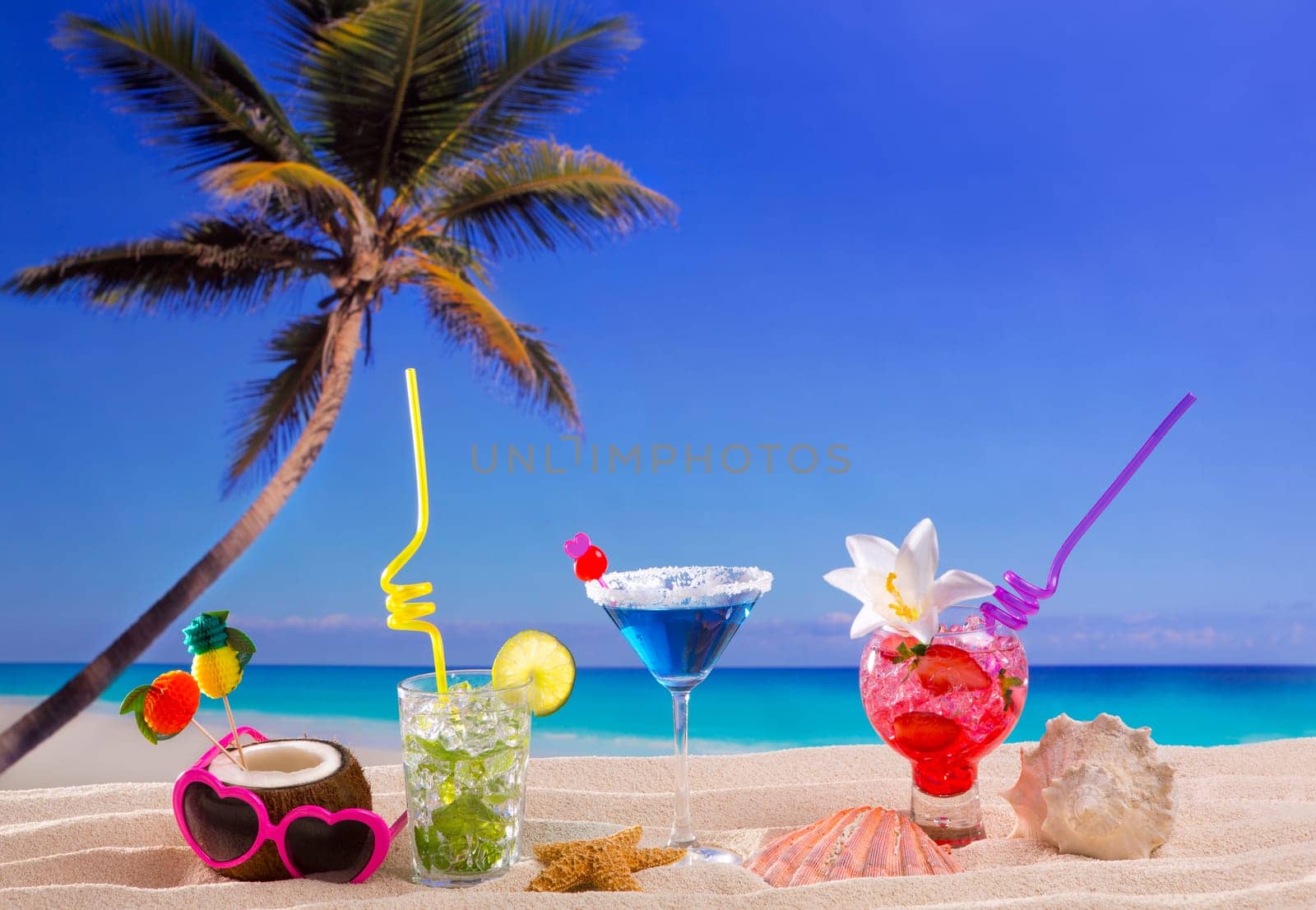 beach tropical cocktails on white sand mojito blue hawaii on white sand