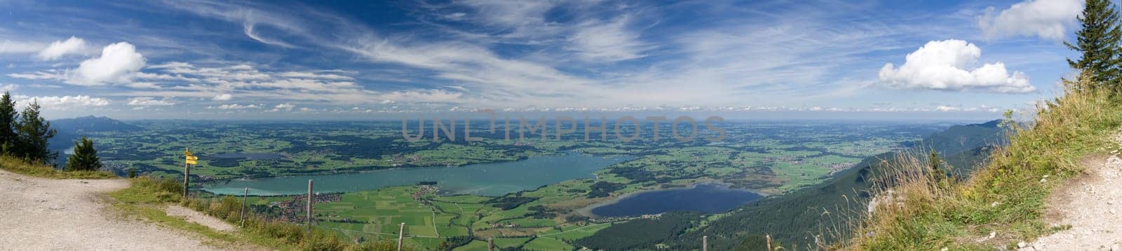 Allgäu panorama with view from Tegelberg to the Foggensee and Bannwaldsee in the Schwangau / Bavaria  Panorama of Allgäu look from Tegelberg to the Foggensee and Bannwaldsee in the Schwangau / Bavaria (panoramic composed from multiple images)