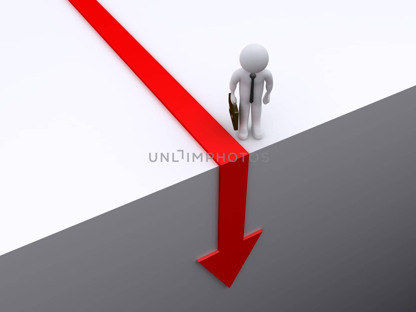 3d businessman is looking at arrow chart going downwards