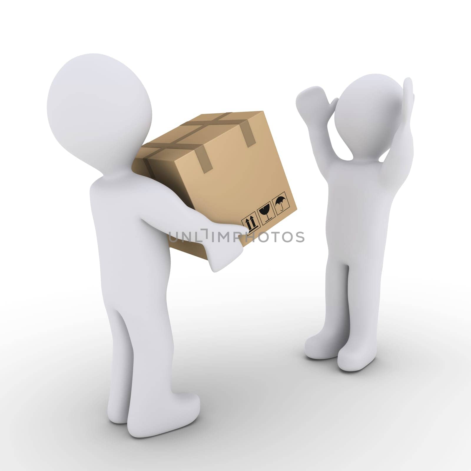 3d person holding a sealed carton box and another is happy