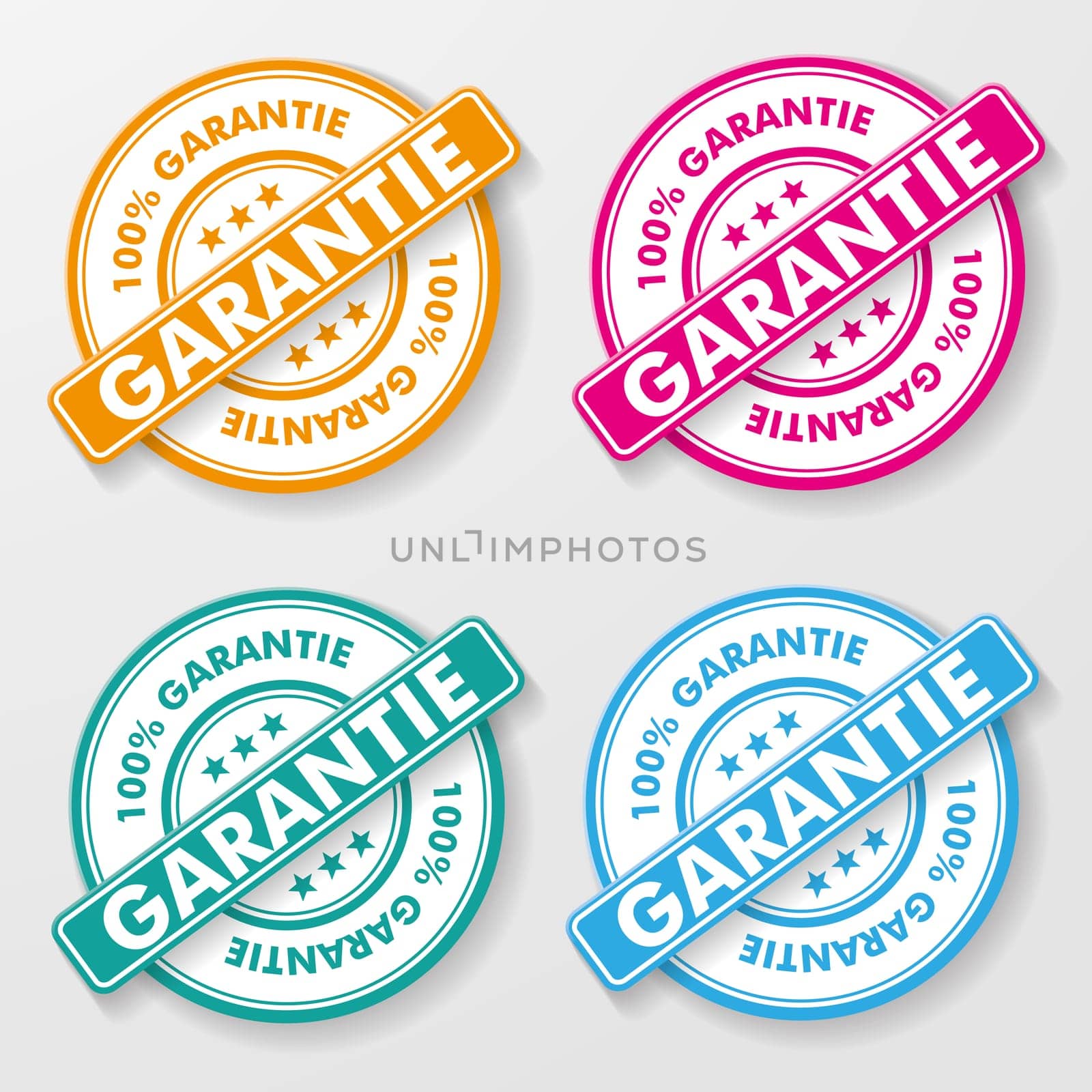 100 percent guarantee colorful paper labels. German text 100 % garantie, translate 100% guarantee. Eps 10 vector file.