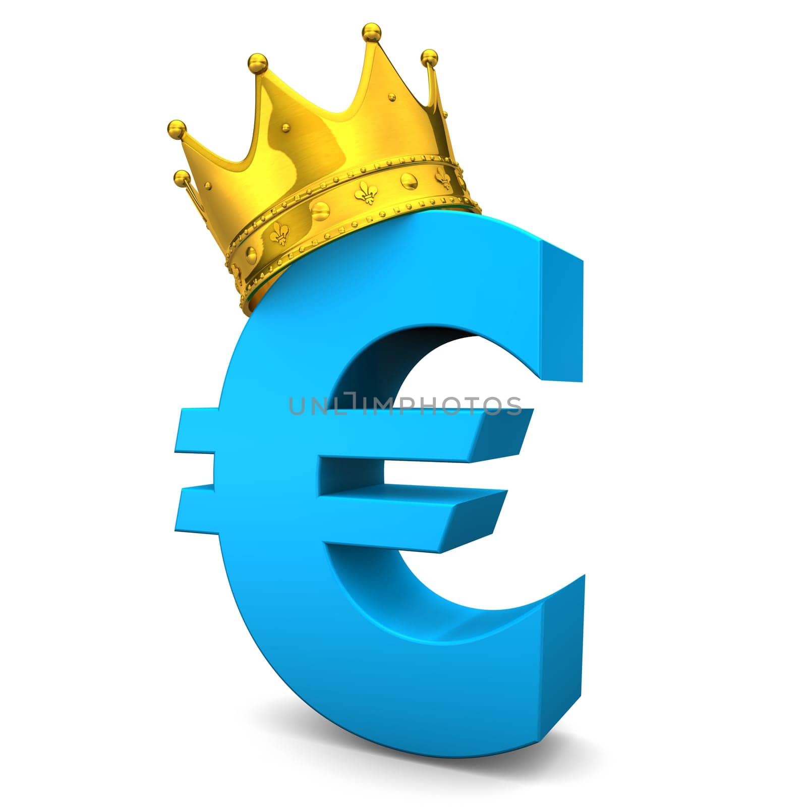 Blue euro symbol with golden crown. White background.