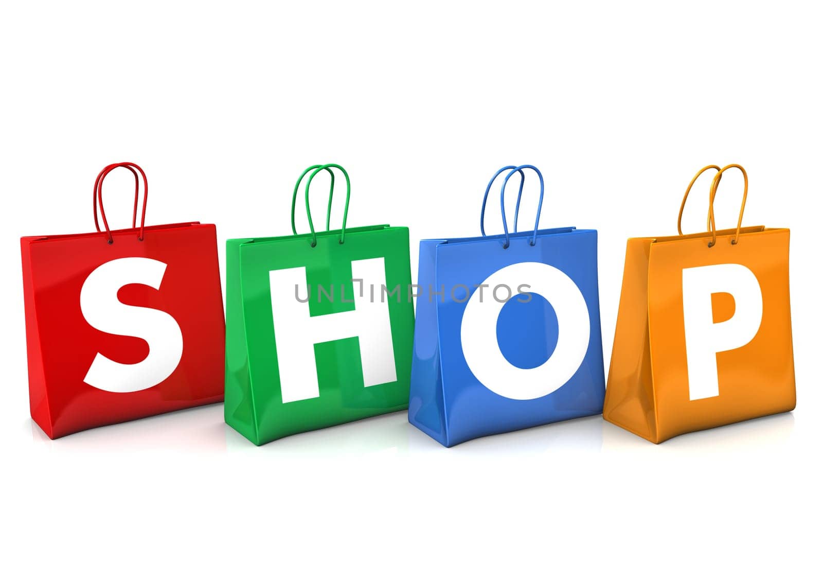 Colorful shopping bags with white text Shop. White background.
