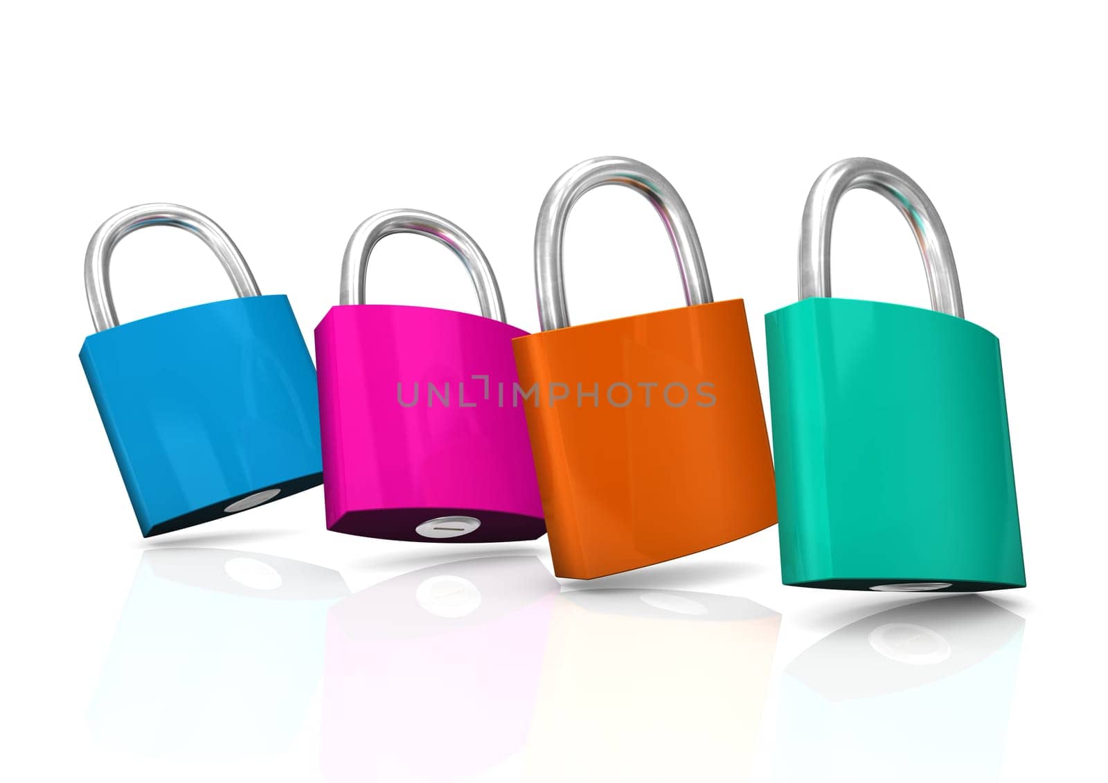 Four colorful padlocks on the white background.
