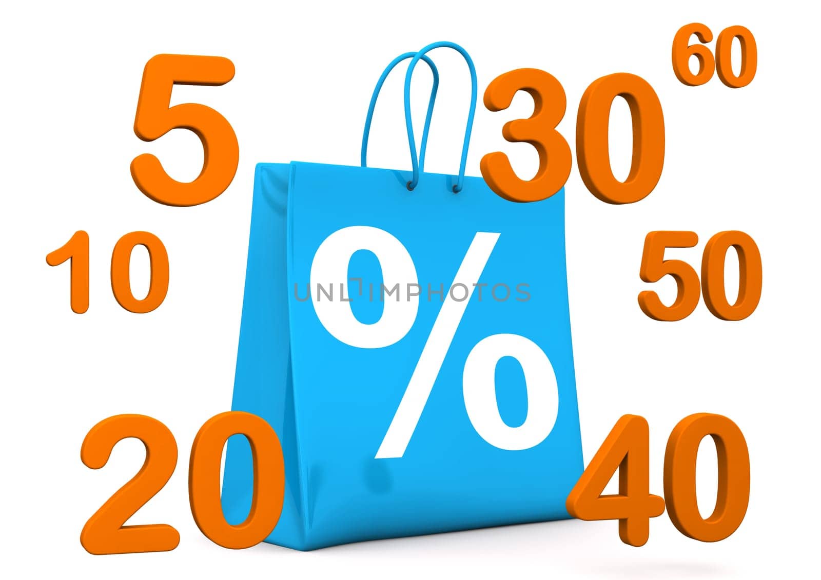 Blue shopping bag with percent and orange numbers. White background.