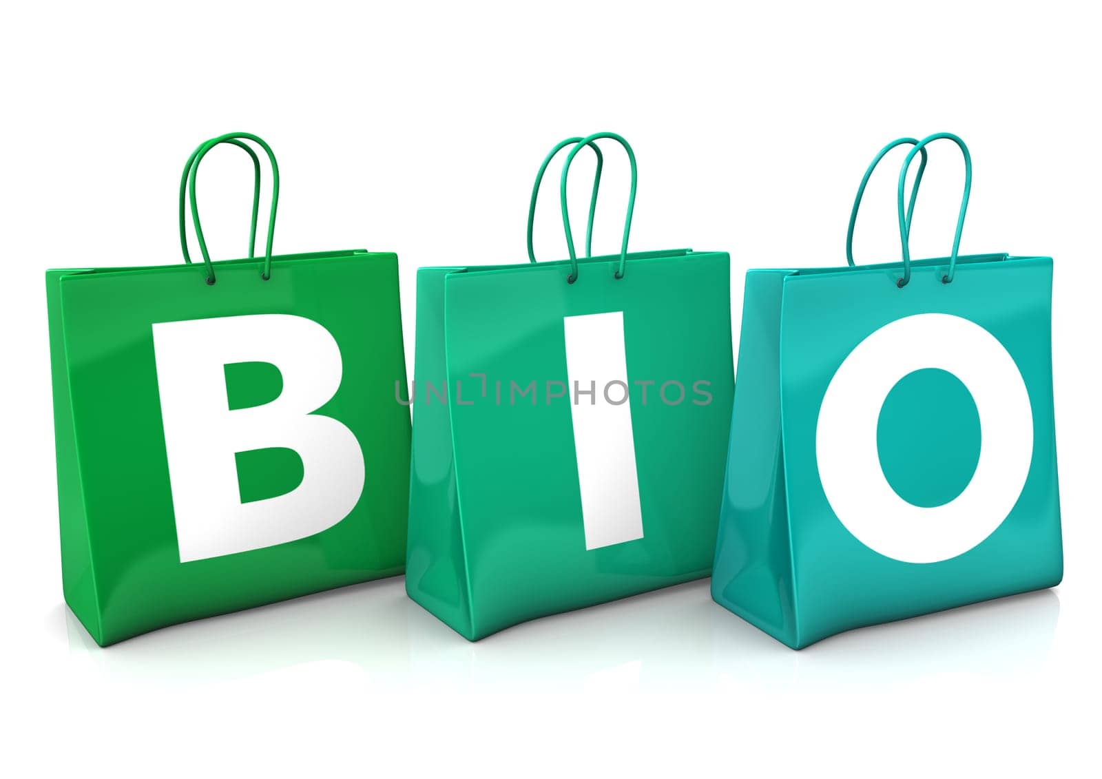 Three green shopping bags with the text BIO. White background.