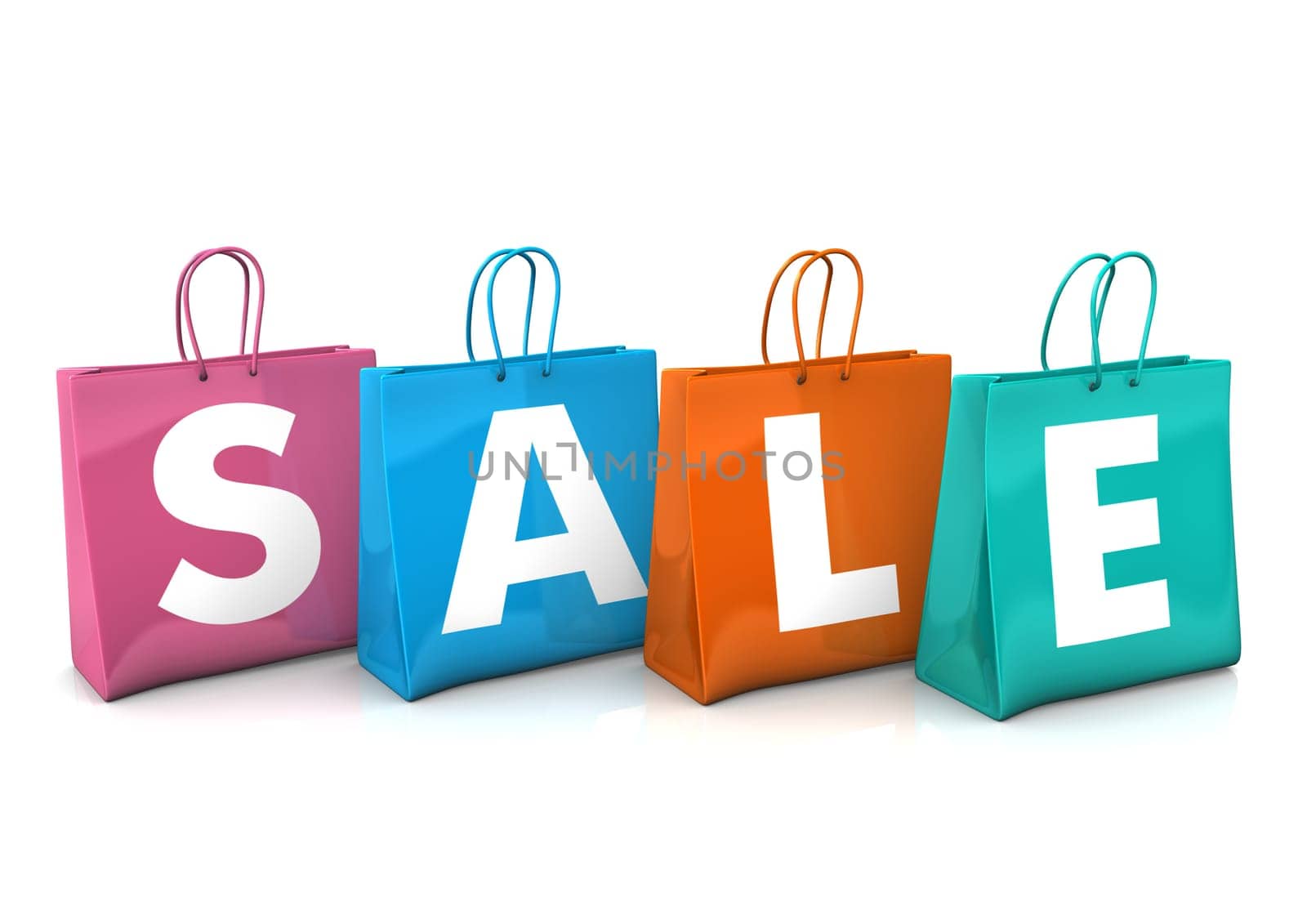 Three colorful shopping bags with the text SALE. White background.
