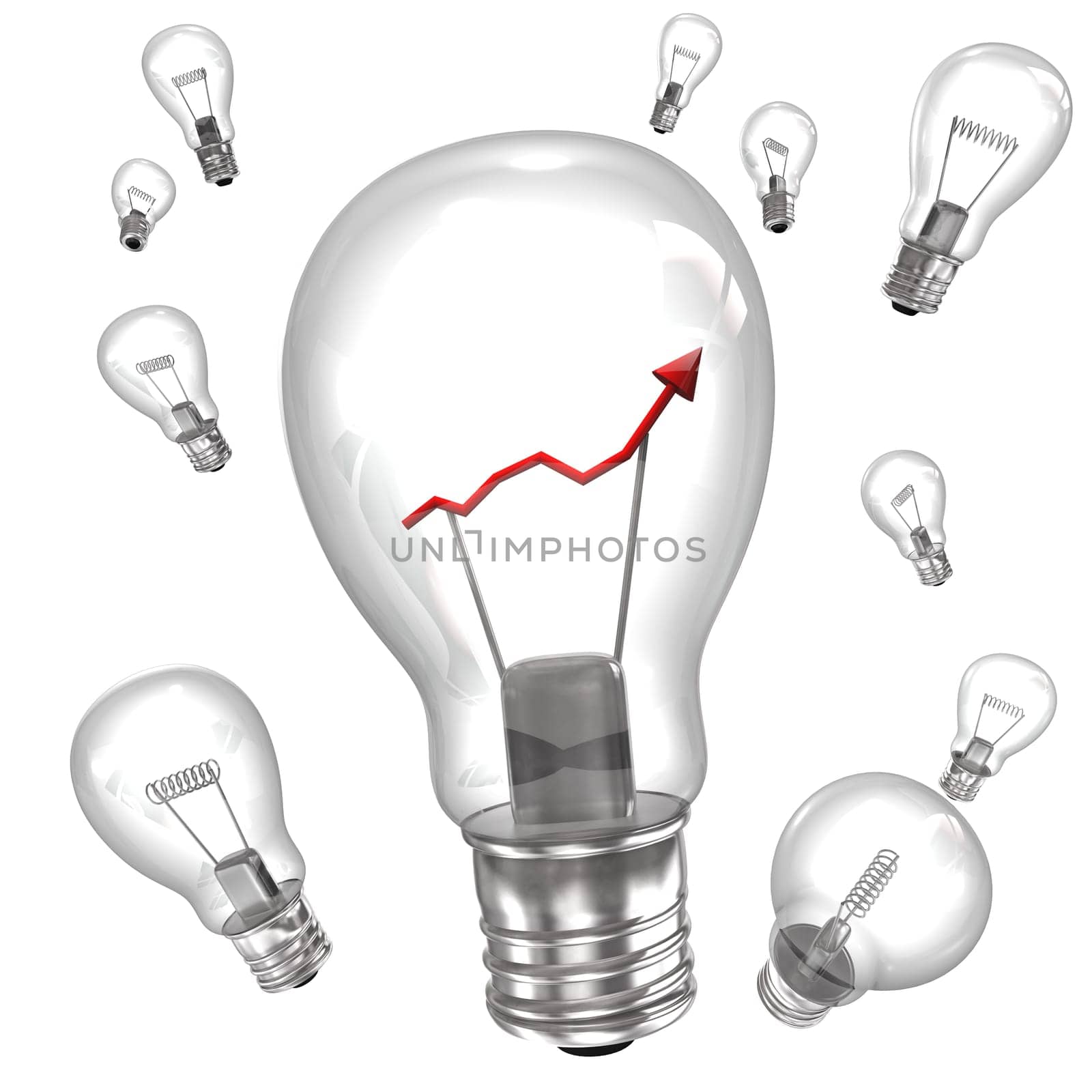 Big bulb with red chart and small bulbs on the white background.