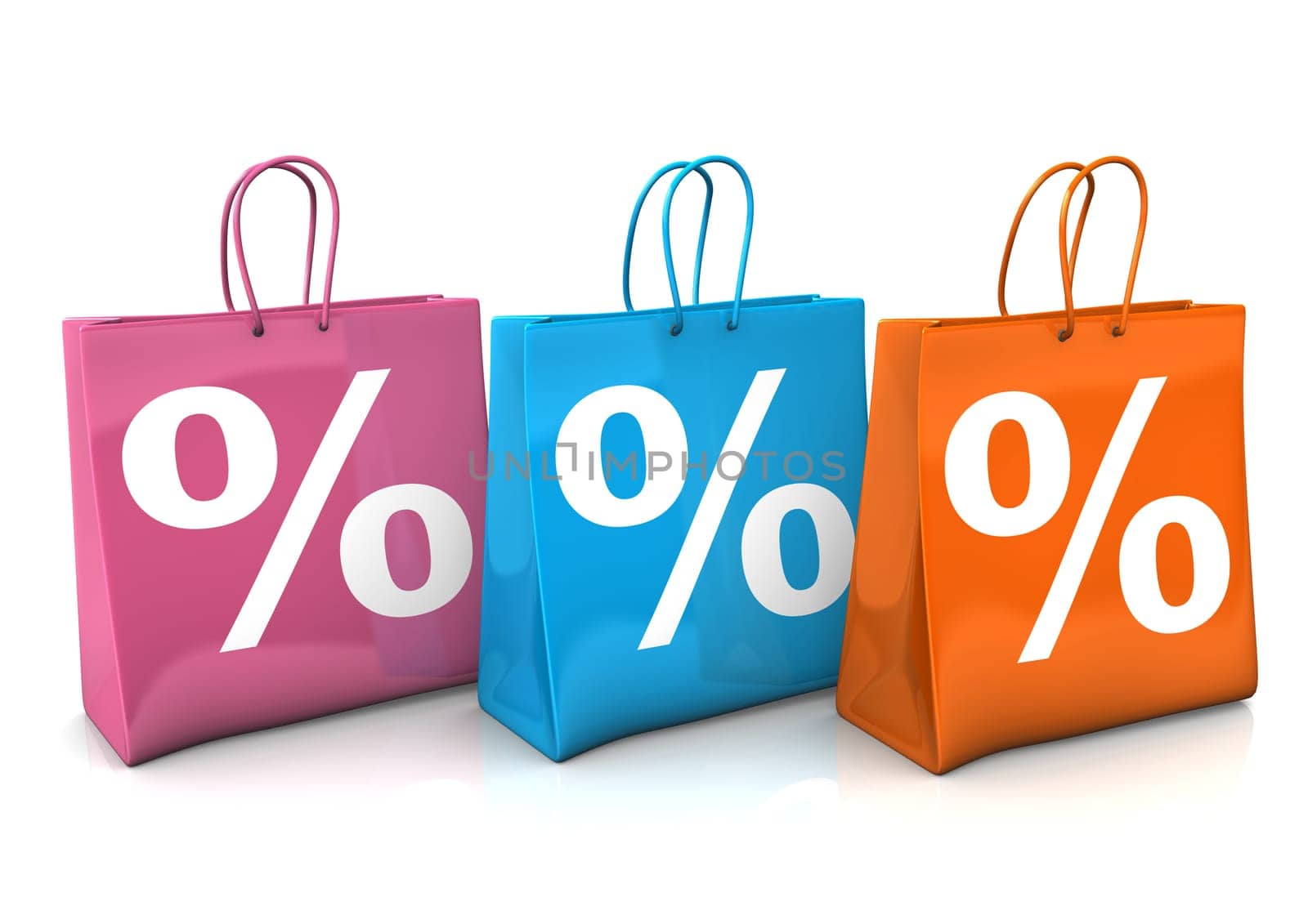 Three colorful shopping bags with symbol of percent. White background.