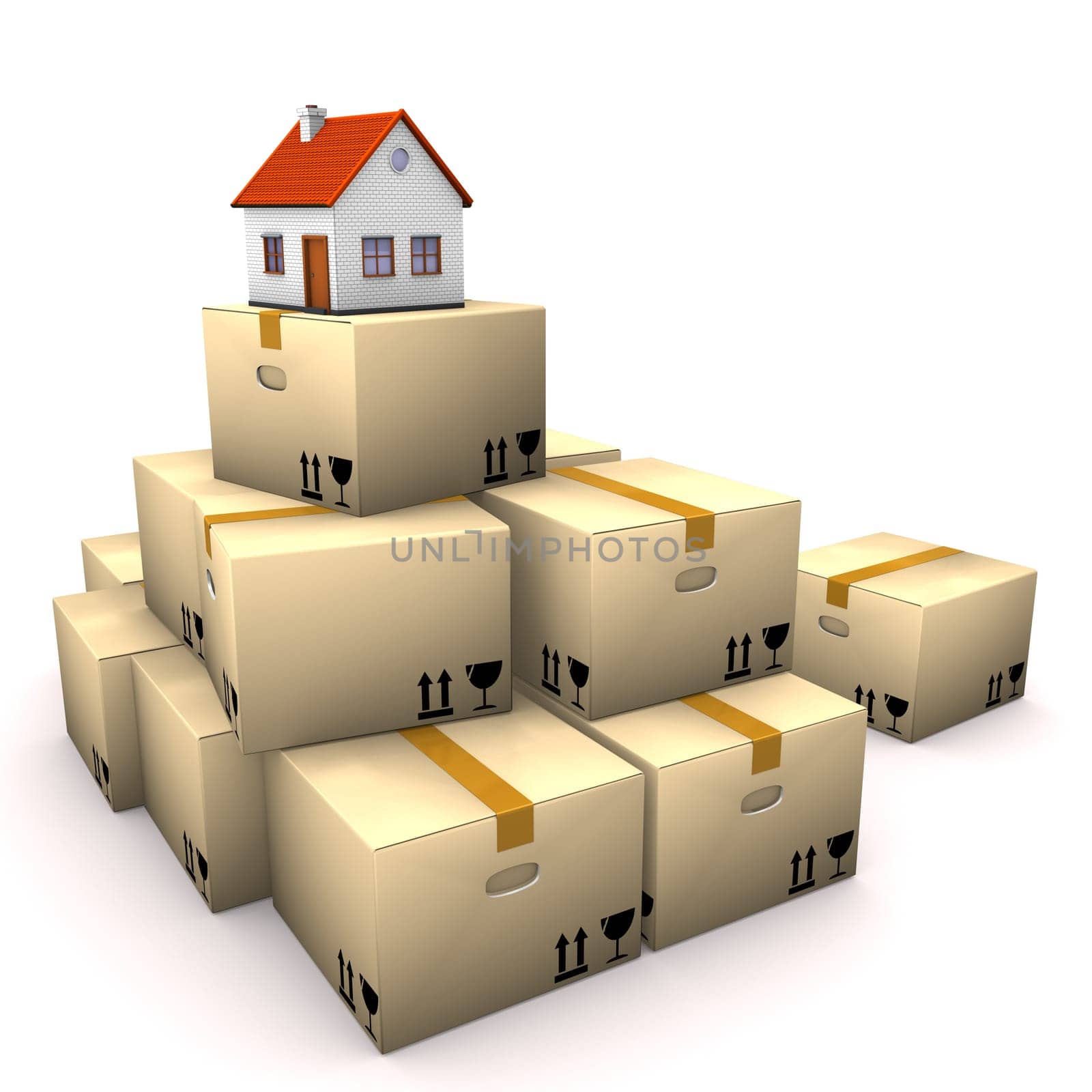 Moving boxes with small house on the white background.