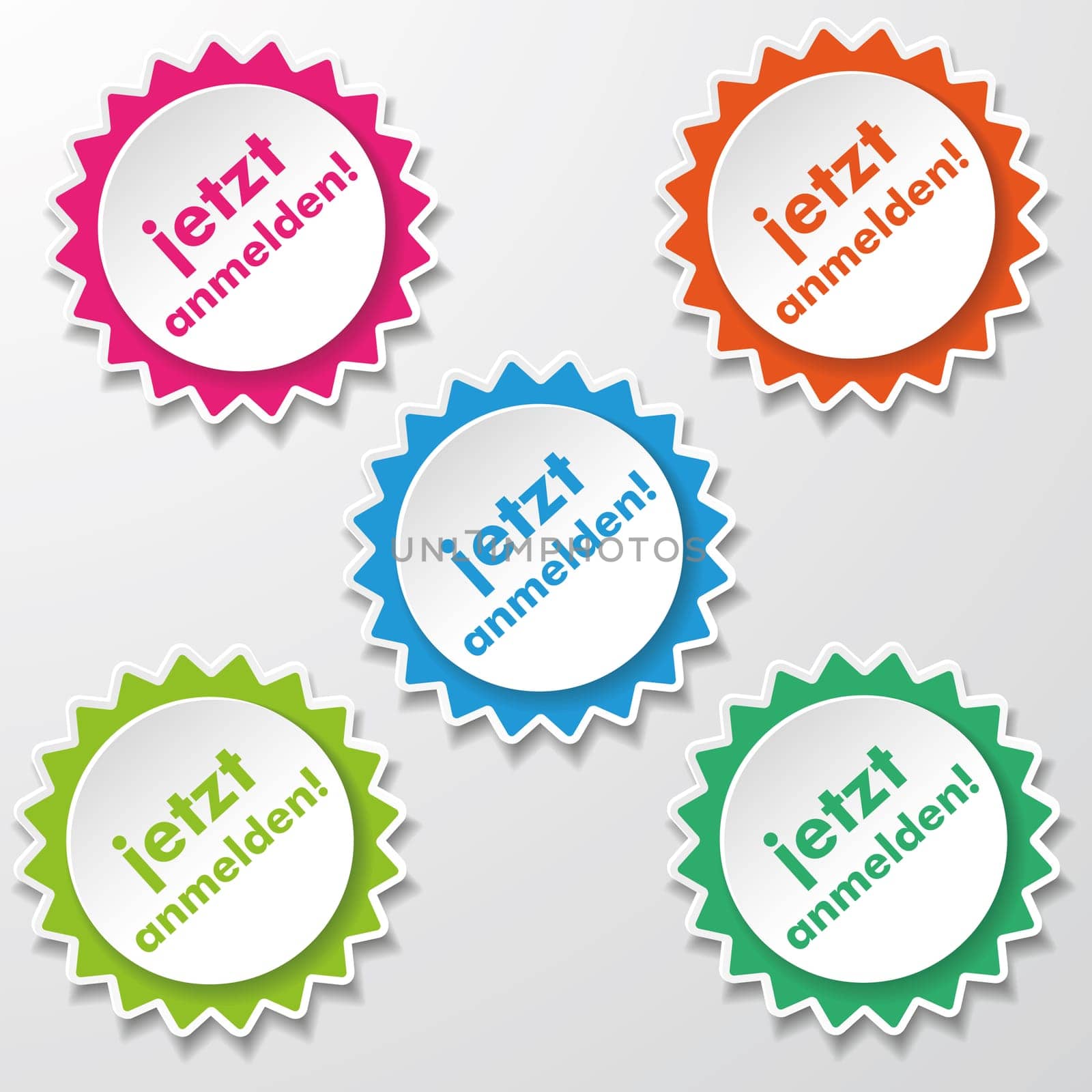 Colorfull star paper stickers with text Register Now. Eps 10 vector file.
