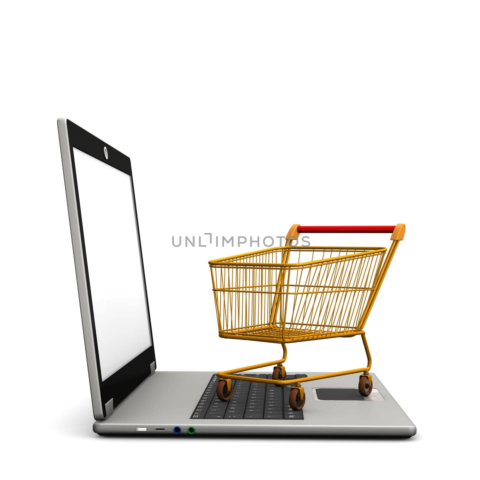 Laptop with shopping cart on the white background.