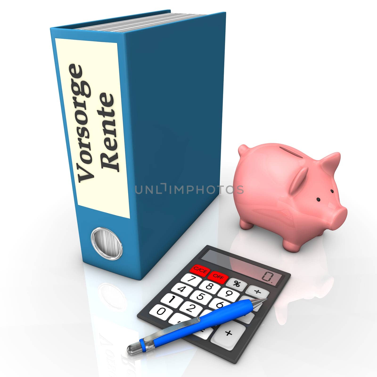 Blue folder with german text Vorsorge Rente, translate insurance pension, with calculator, ballpen and piggy bank.