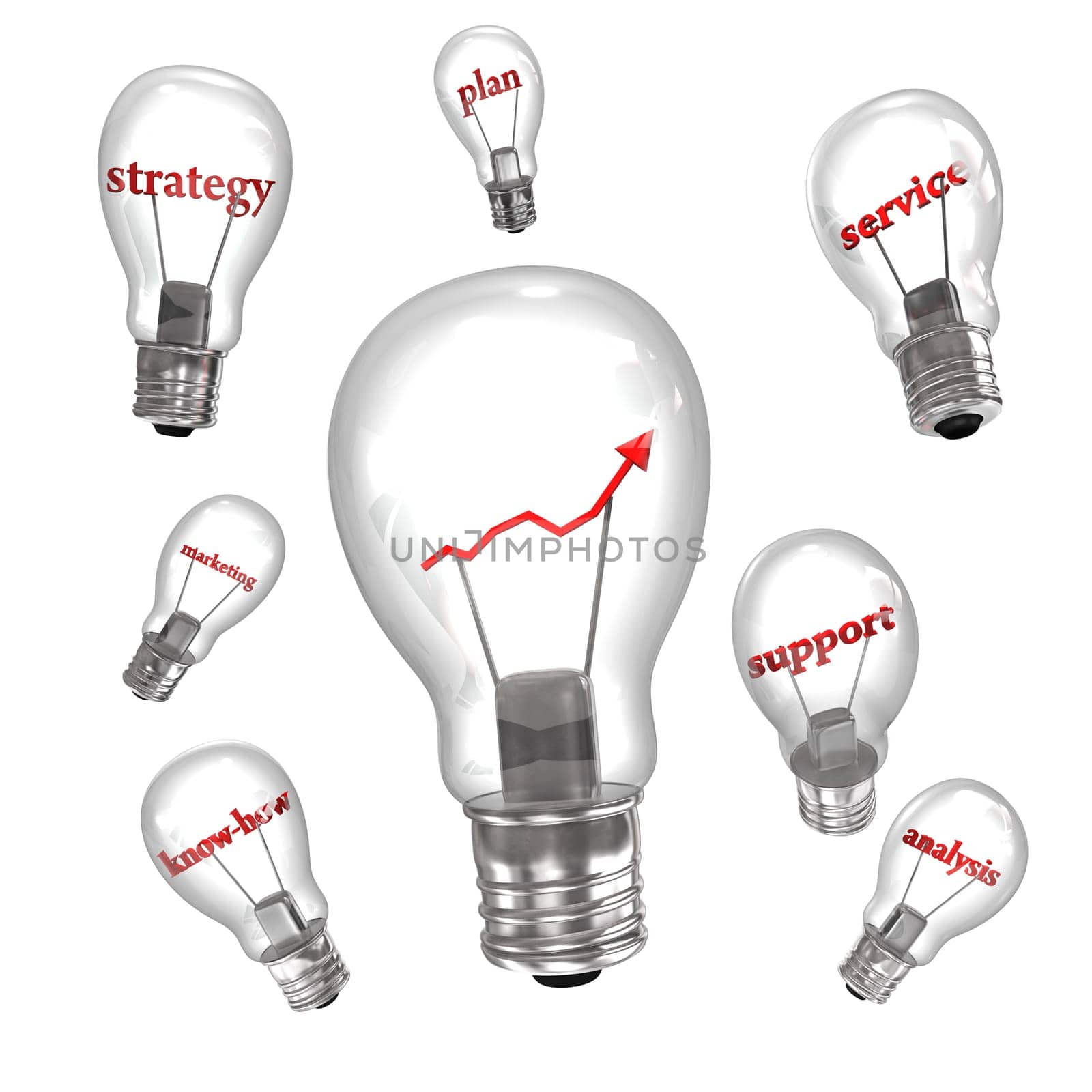 Business bulbs with red text and chart on the white background.