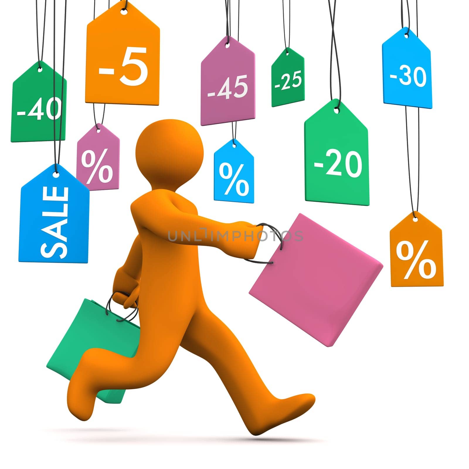 Orange cartoon character with shopping bags and price stickers on the white background.