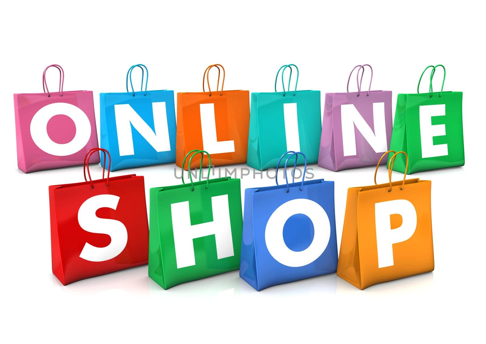 Shopping bags with white text Online Shop. White background.