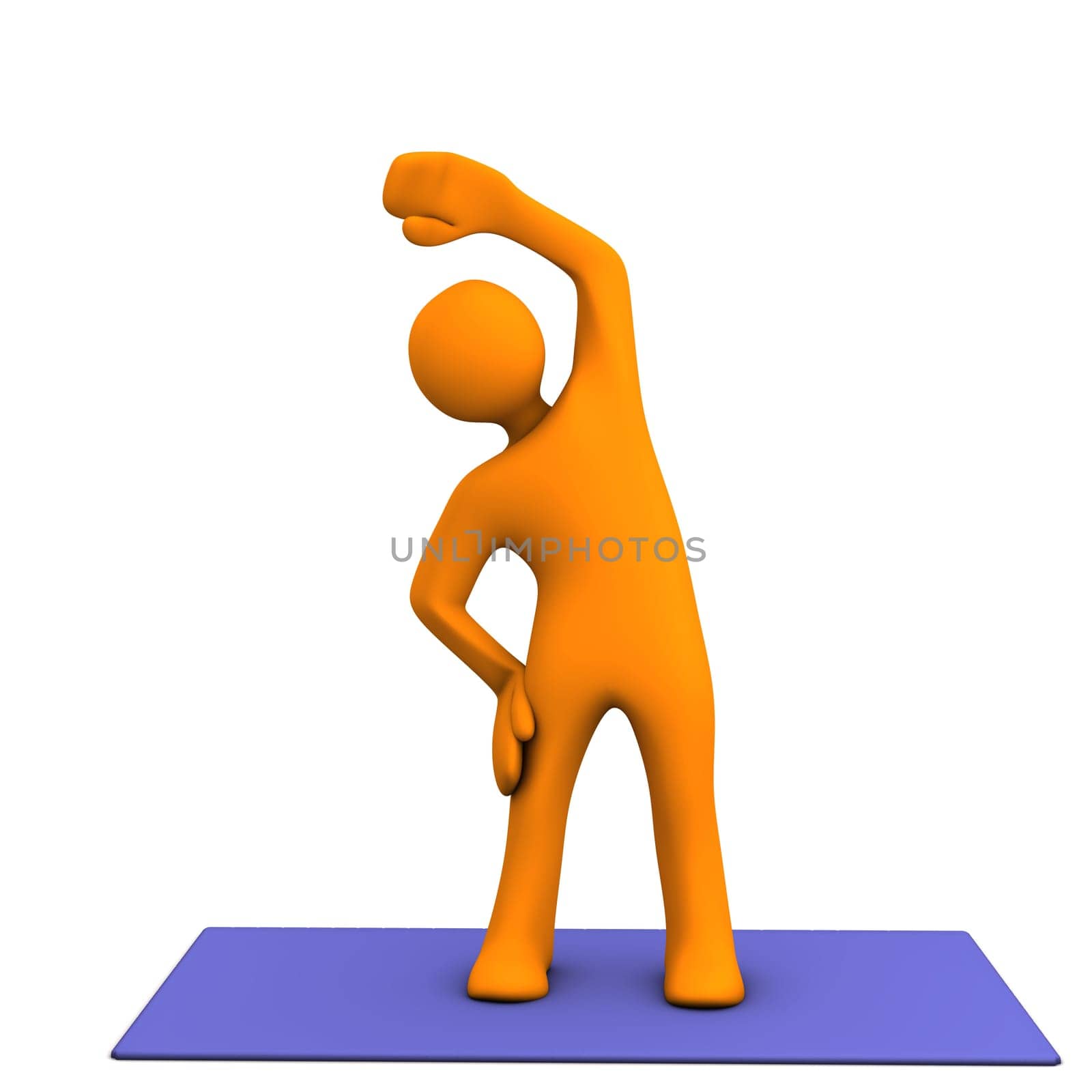 Orange cartoon character makes sport. White background.