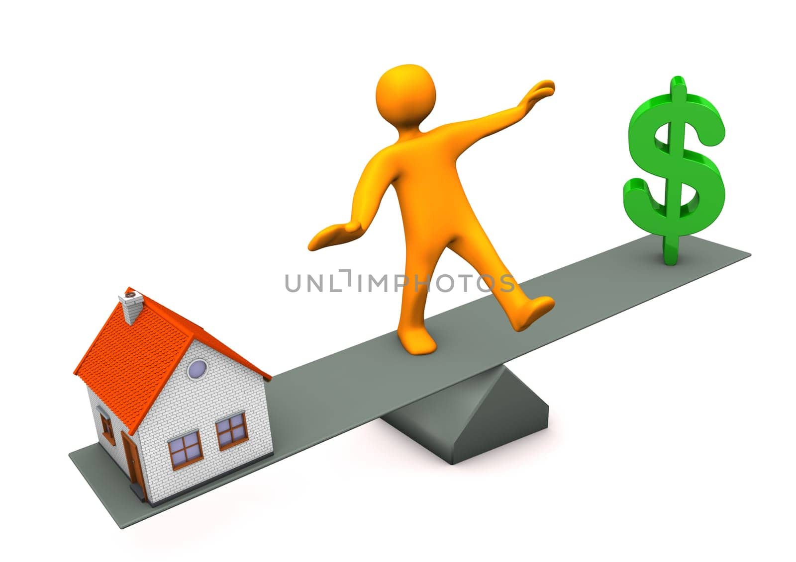 Orange cartoon character with house and green dollar symbol.