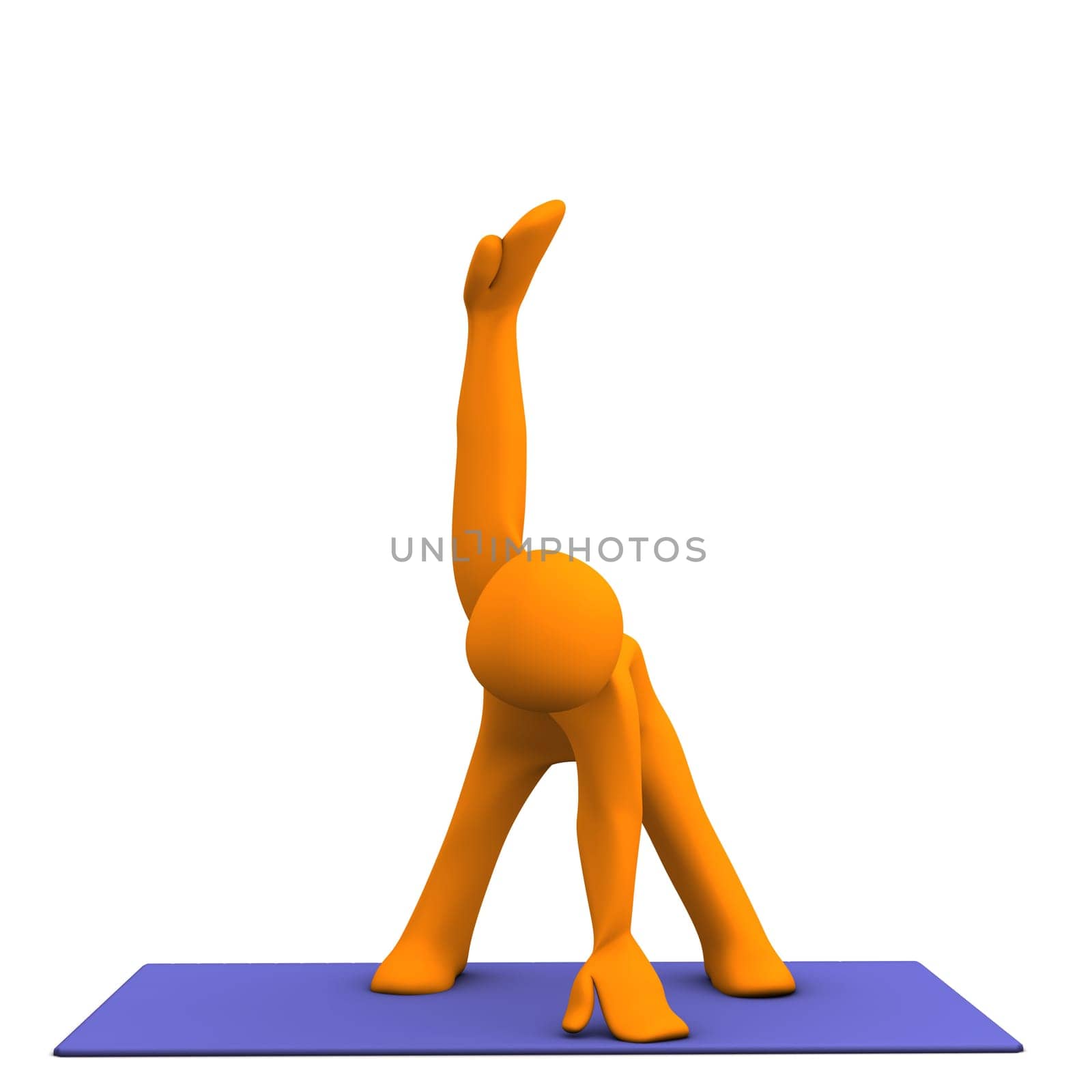 Orange cartoon character makes yoga. White background.