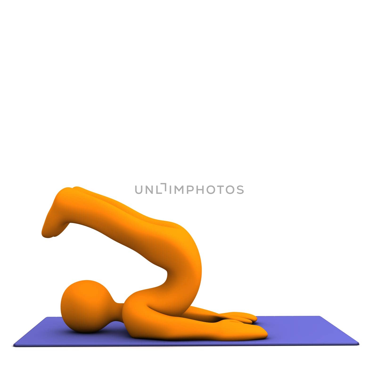 Orange cartoon character makes sport. White background.