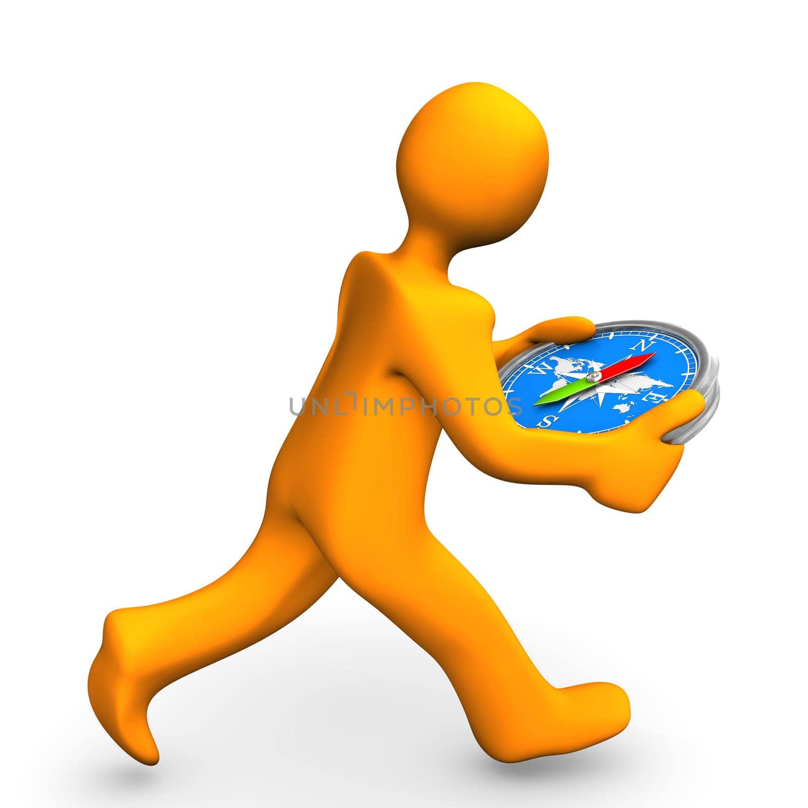 Orange cartoon character runs with blue compass. White background.