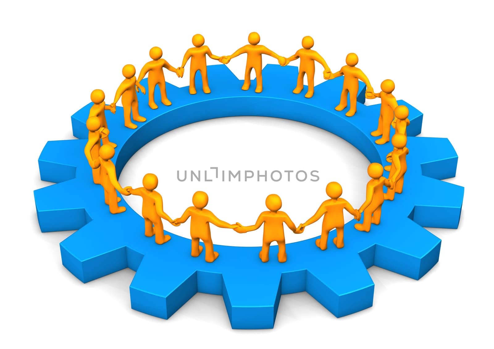Orange cartoon characters on the big blue gear. White background.