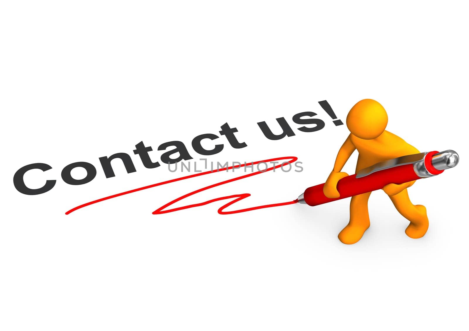 Orange cartoon character with red ballpen and text Contact us.