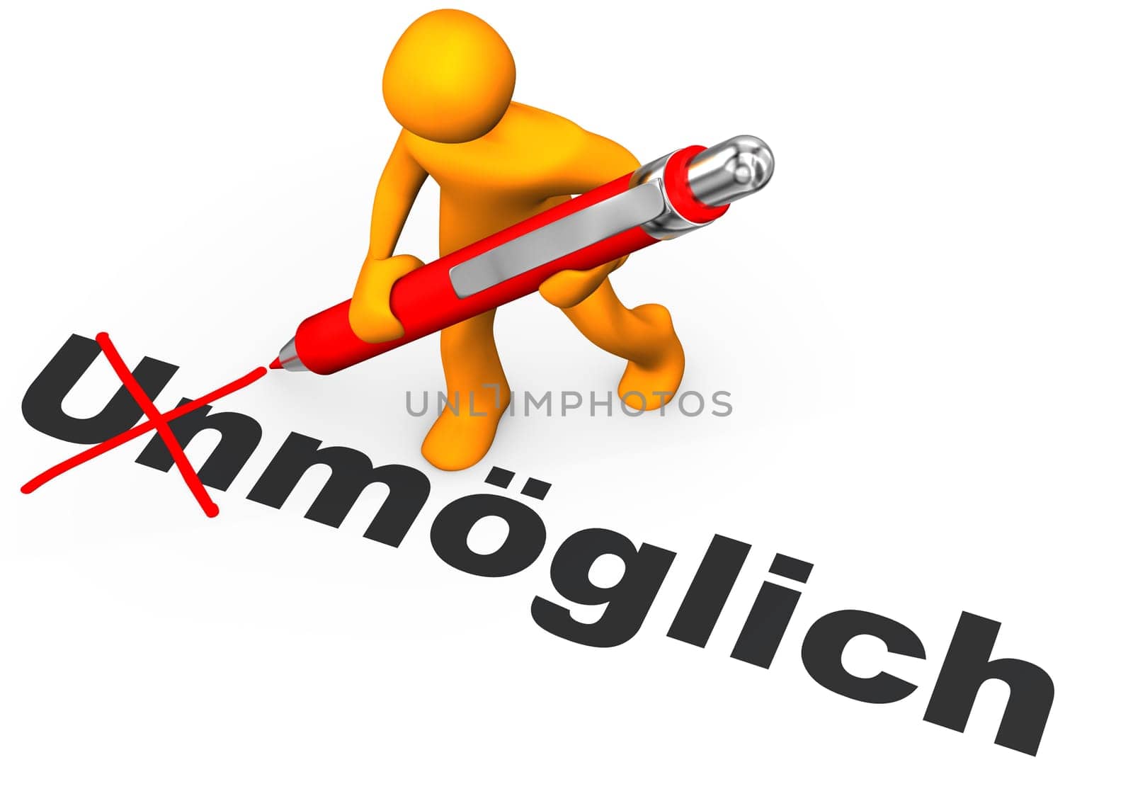 German text unmoeglich, translate impossible. Orange cartoon character makes impossible possible.