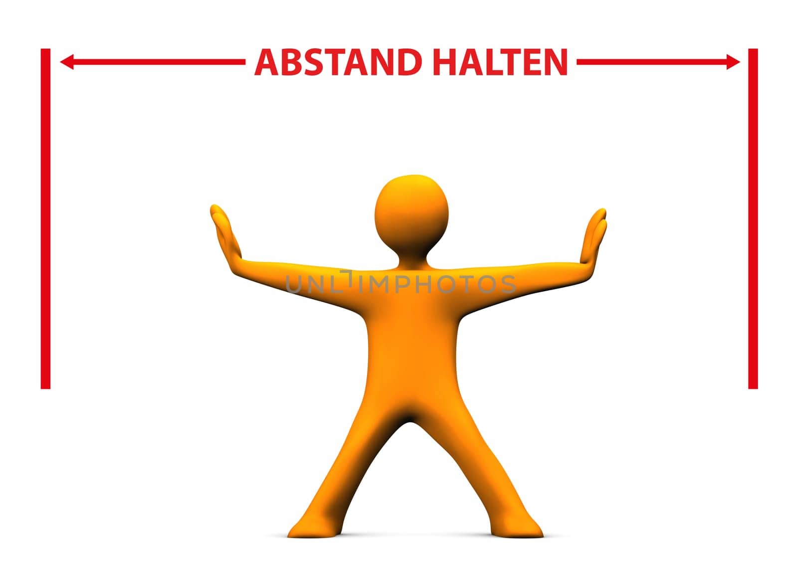 Orange cartoon character with red german text Abstand Halten, translate Keep Distance.