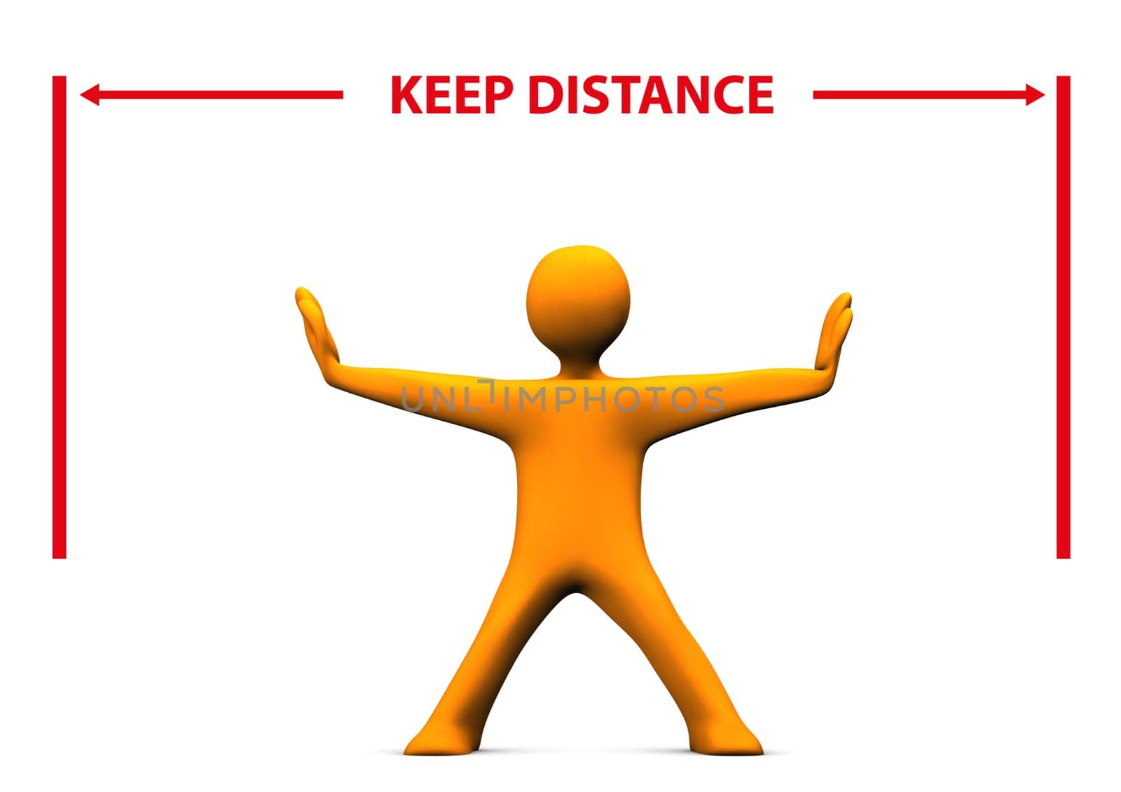 Orange cartoon character with red text Keep Distance.