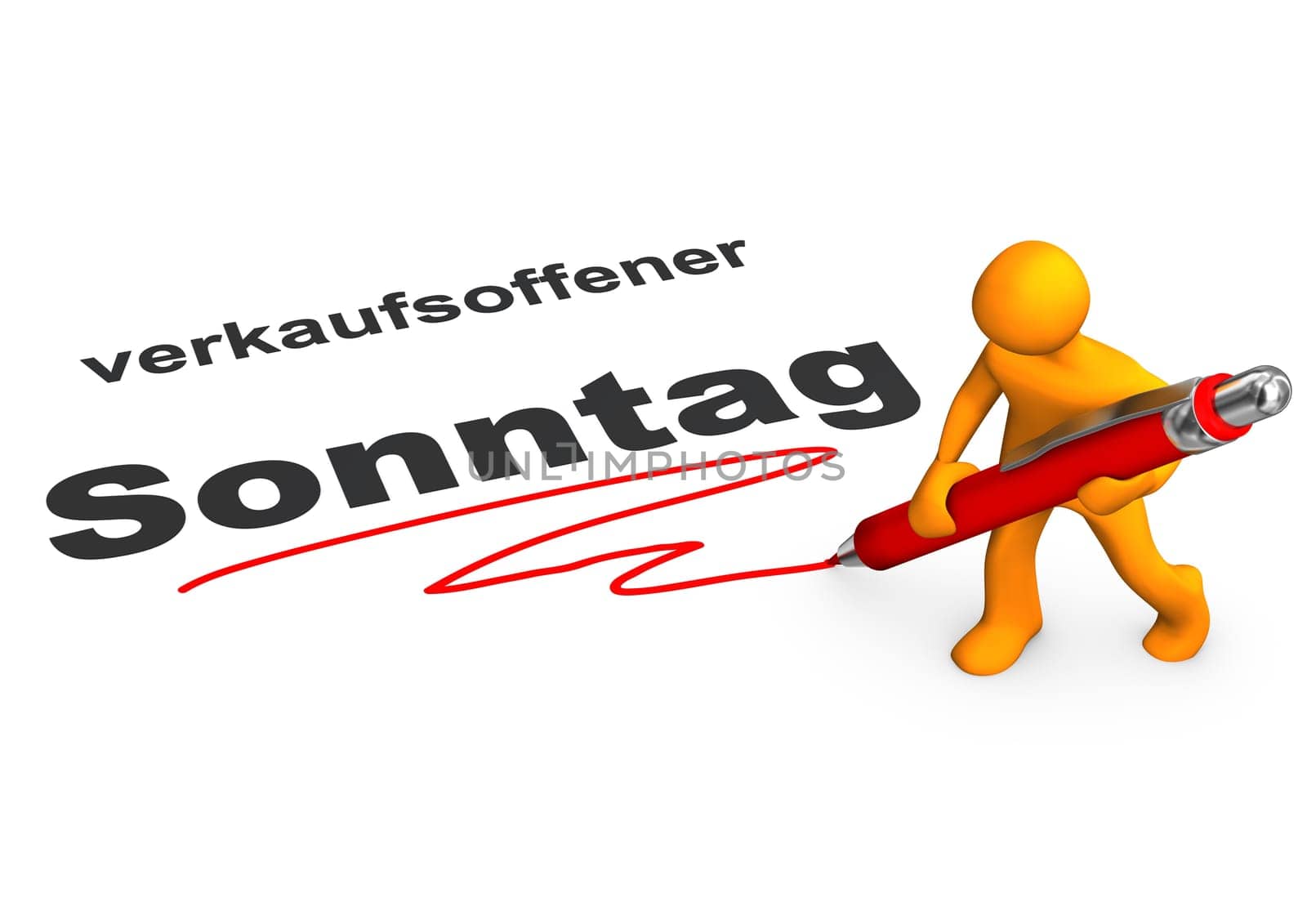Orange cartoon character with red ballpen and german text Verkaufsoffener Sonntag, translate open Sunday.