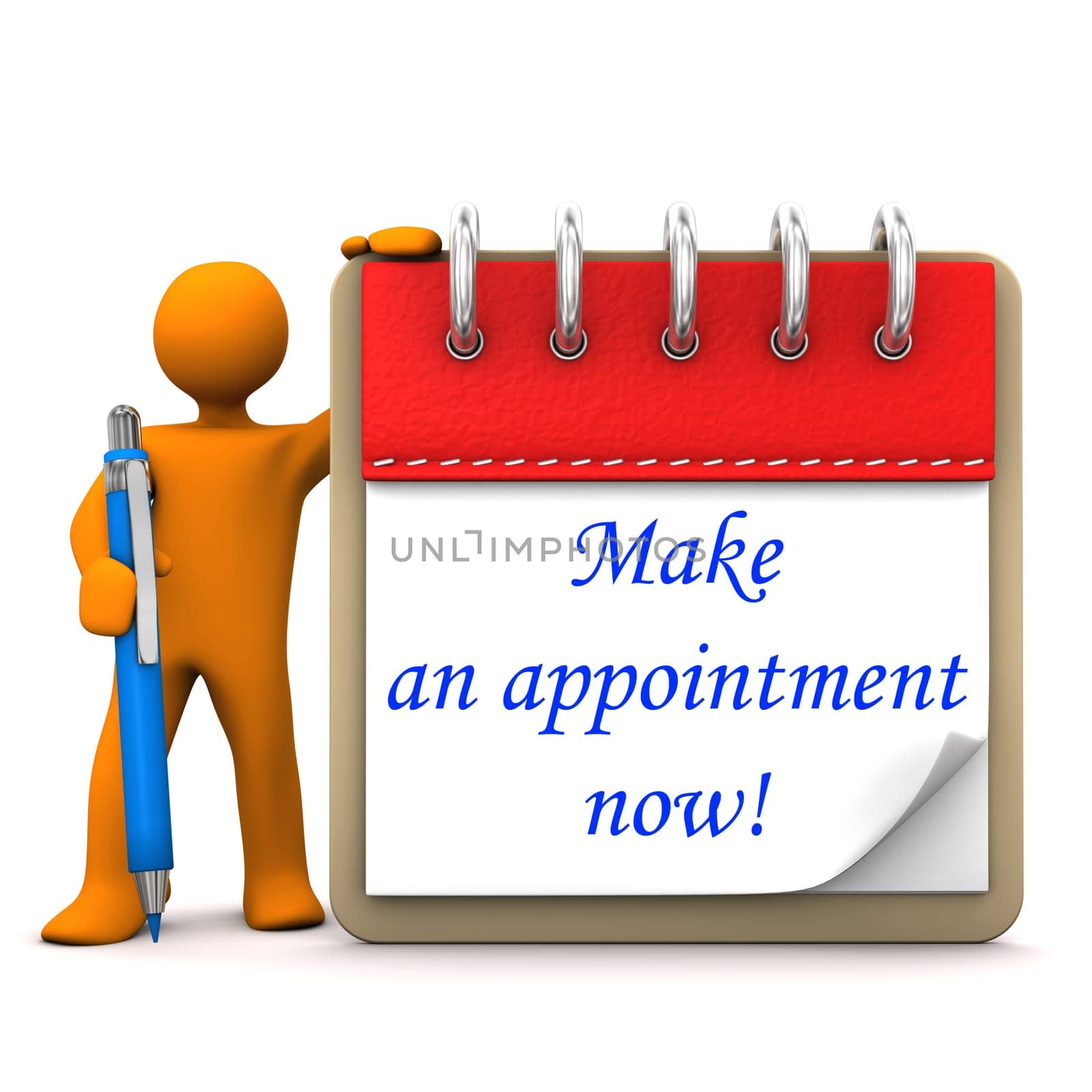 Orange cartoon character with ballpen, notepad and blue text Make an appointment now.